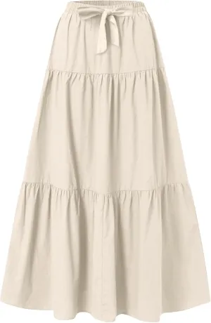 Summer Skirt for Women 2025 Maxi Skirt Drawstring Elastic High Waisted Smocked Tiered Aline Skirts Flowy Long Skirts