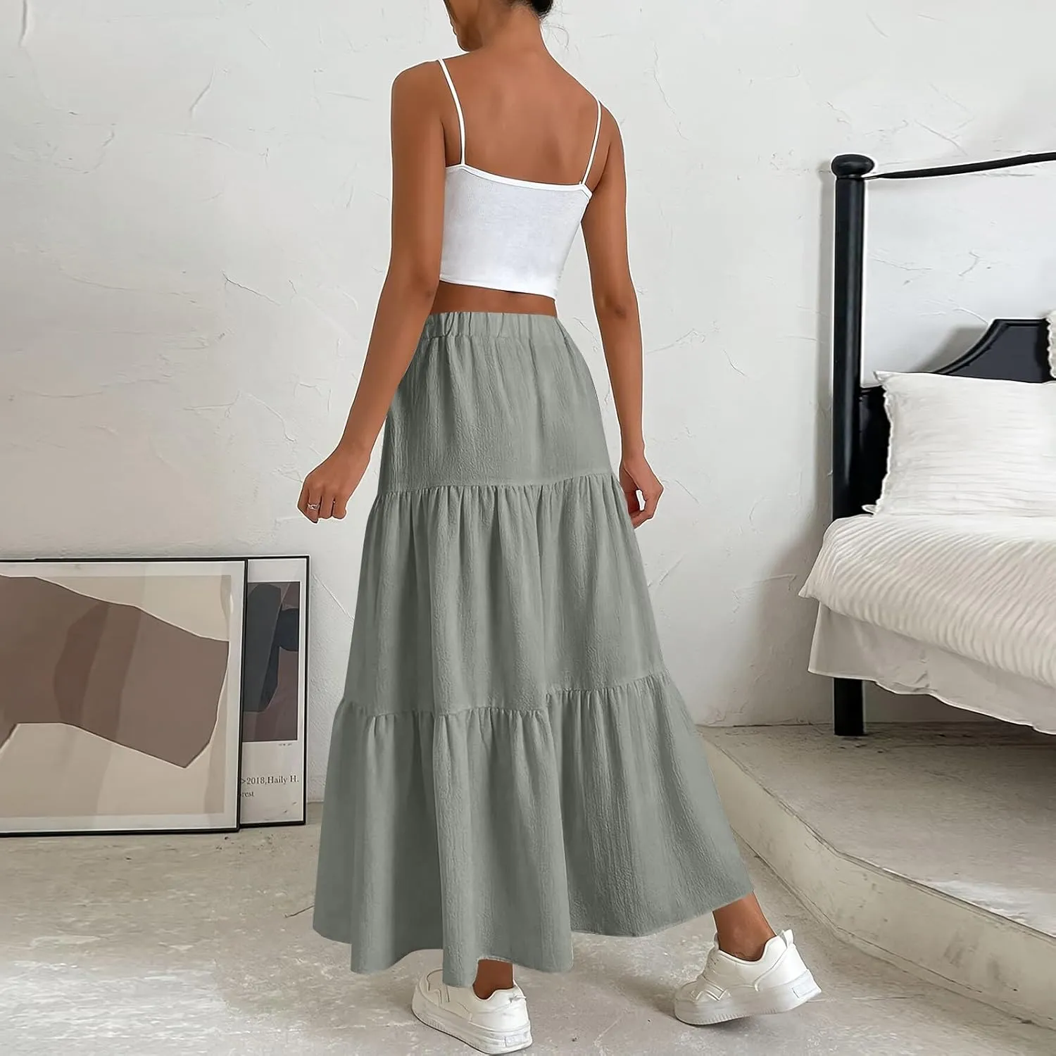 Summer Skirt for Women 2025 Maxi Skirt Drawstring Elastic High Waisted Smocked Tiered Aline Skirts Flowy Long Skirts
