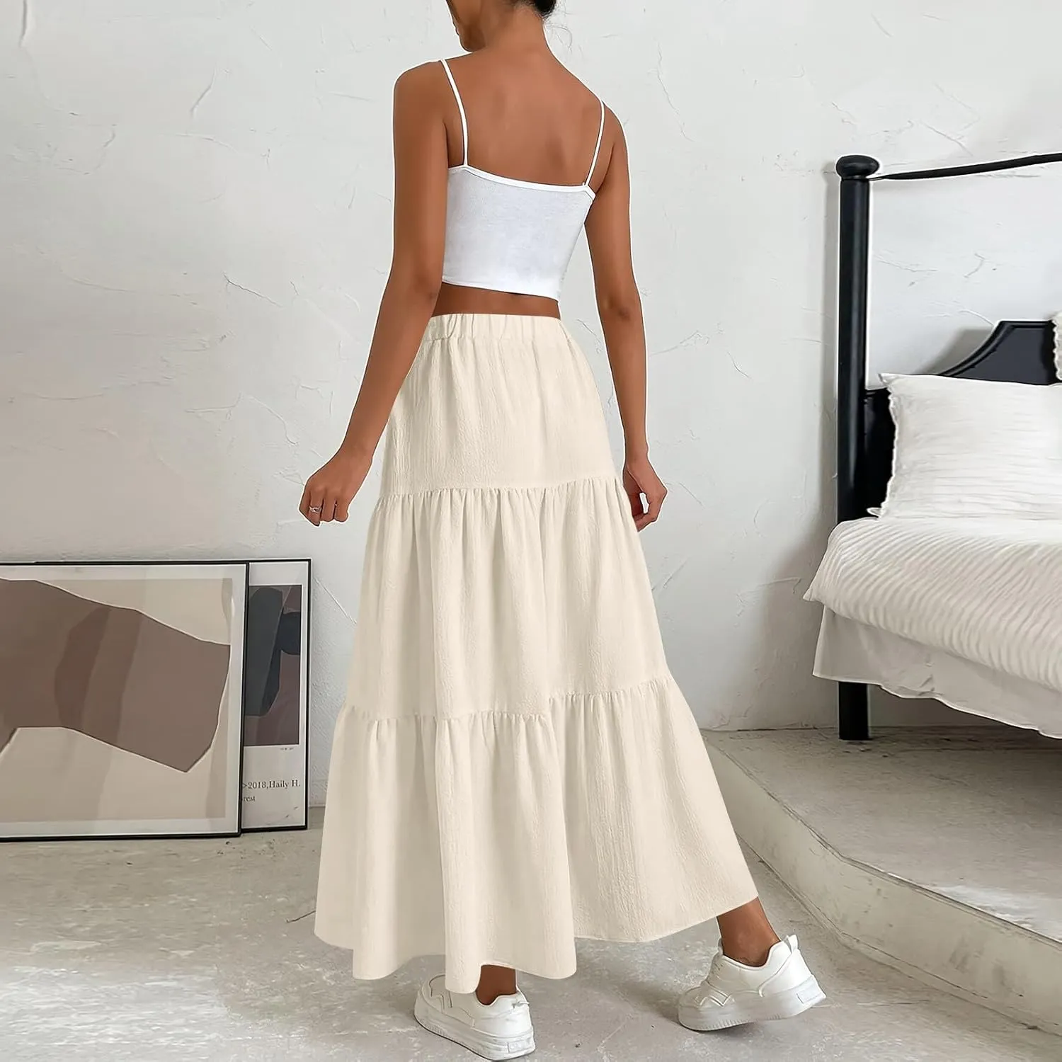 Summer Skirt for Women 2025 Maxi Skirt Drawstring Elastic High Waisted Smocked Tiered Aline Skirts Flowy Long Skirts
