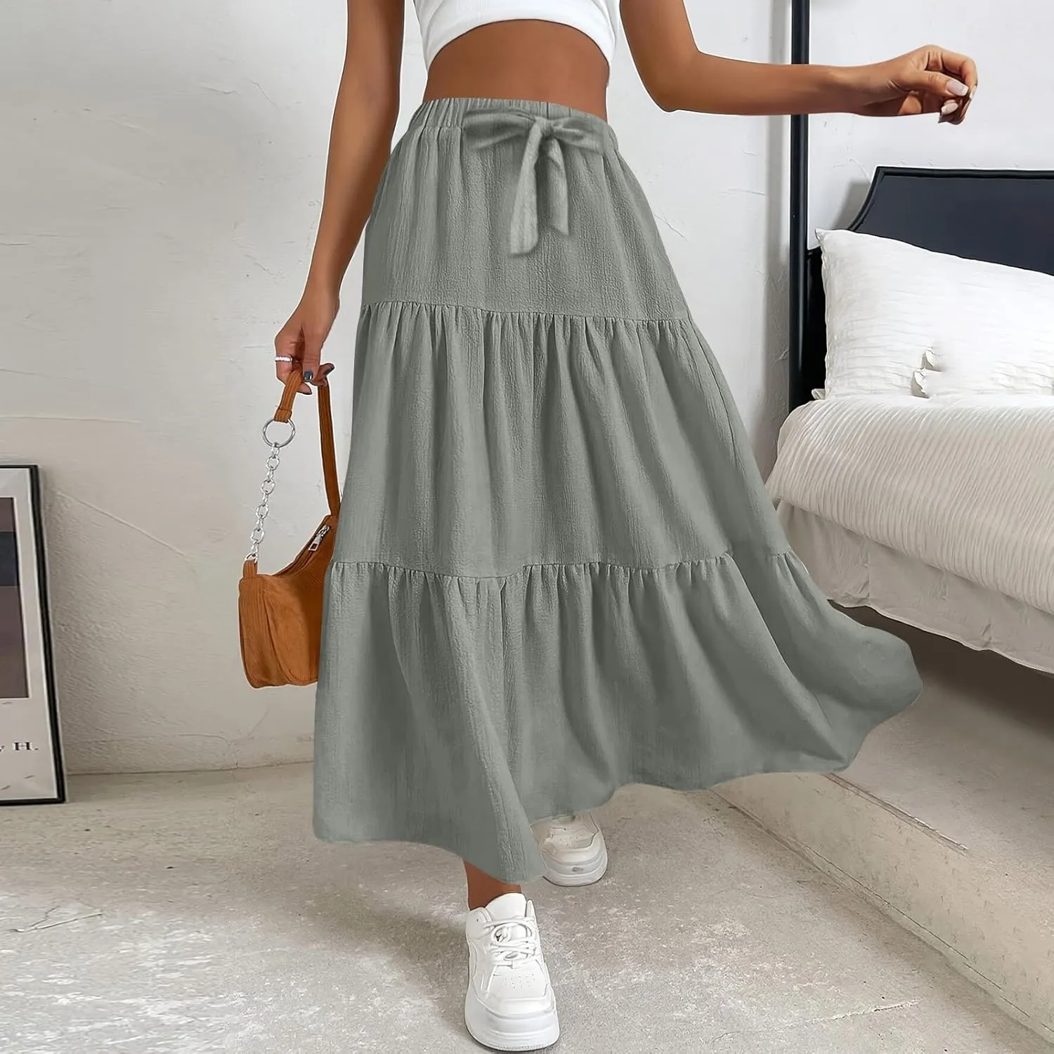 Summer Skirt for Women 2025 Maxi Skirt Drawstring Elastic High Waisted Smocked Tiered Aline Skirts Flowy Long Skirts