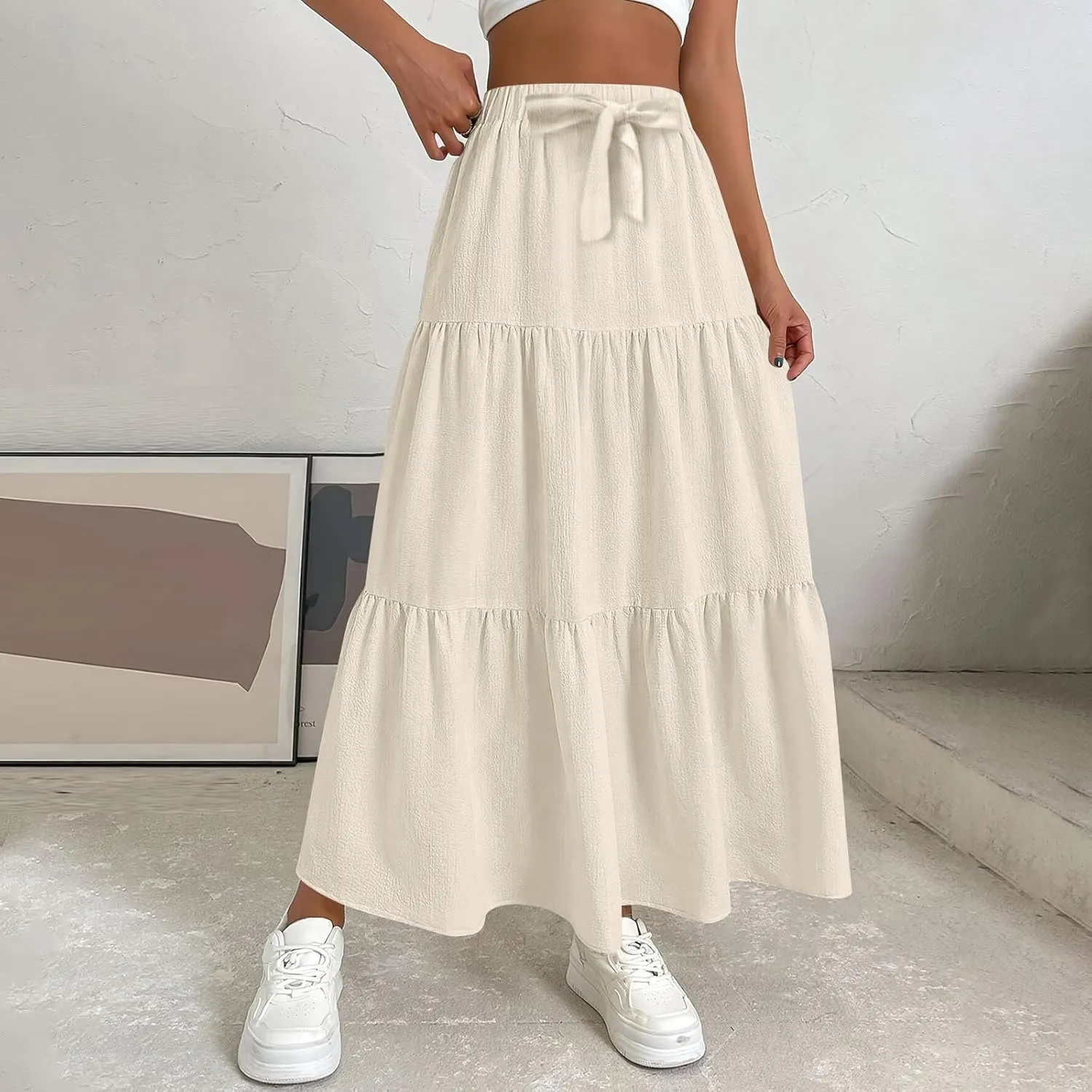 Summer Skirt for Women 2025 Maxi Skirt Drawstring Elastic High Waisted Smocked Tiered Aline Skirts Flowy Long Skirts