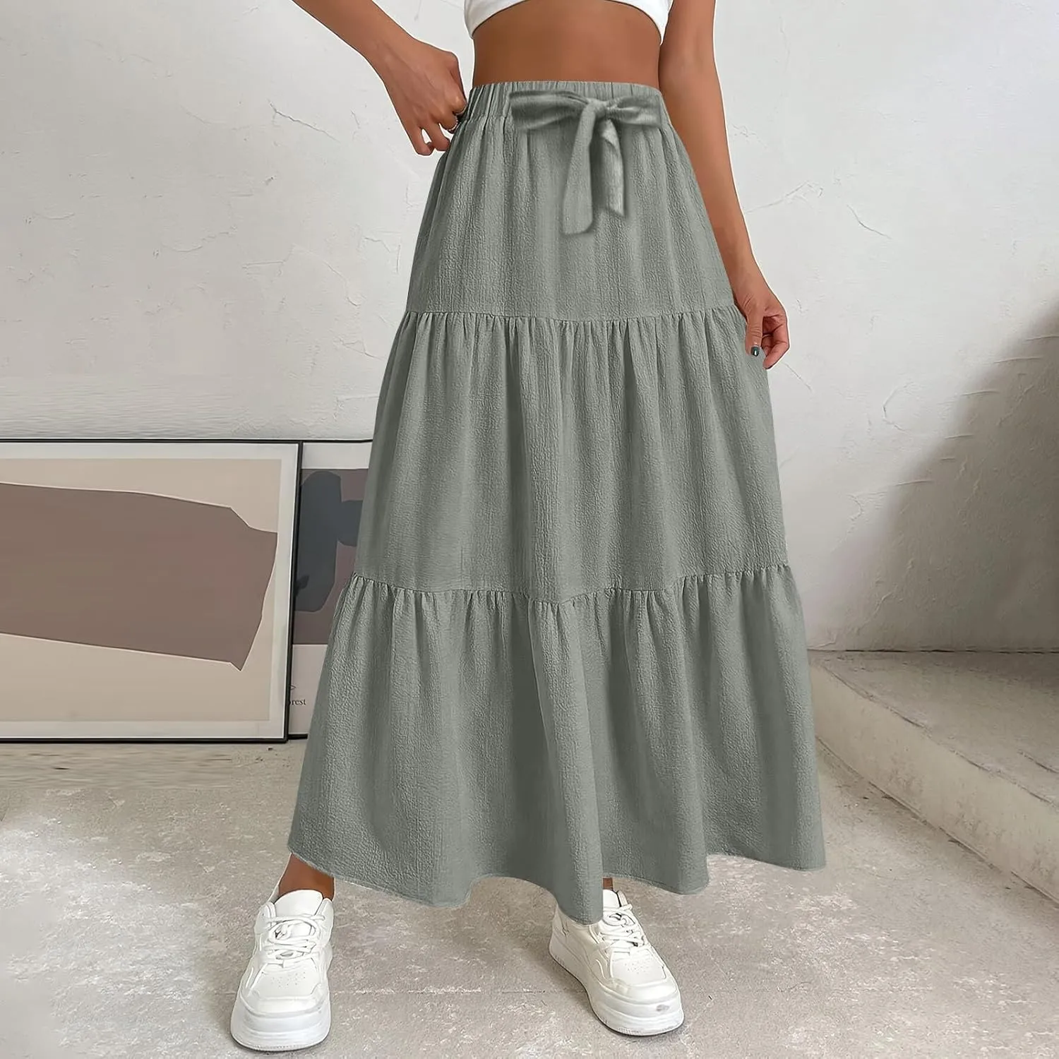 Summer Skirt for Women 2025 Maxi Skirt Drawstring Elastic High Waisted Smocked Tiered Aline Skirts Flowy Long Skirts