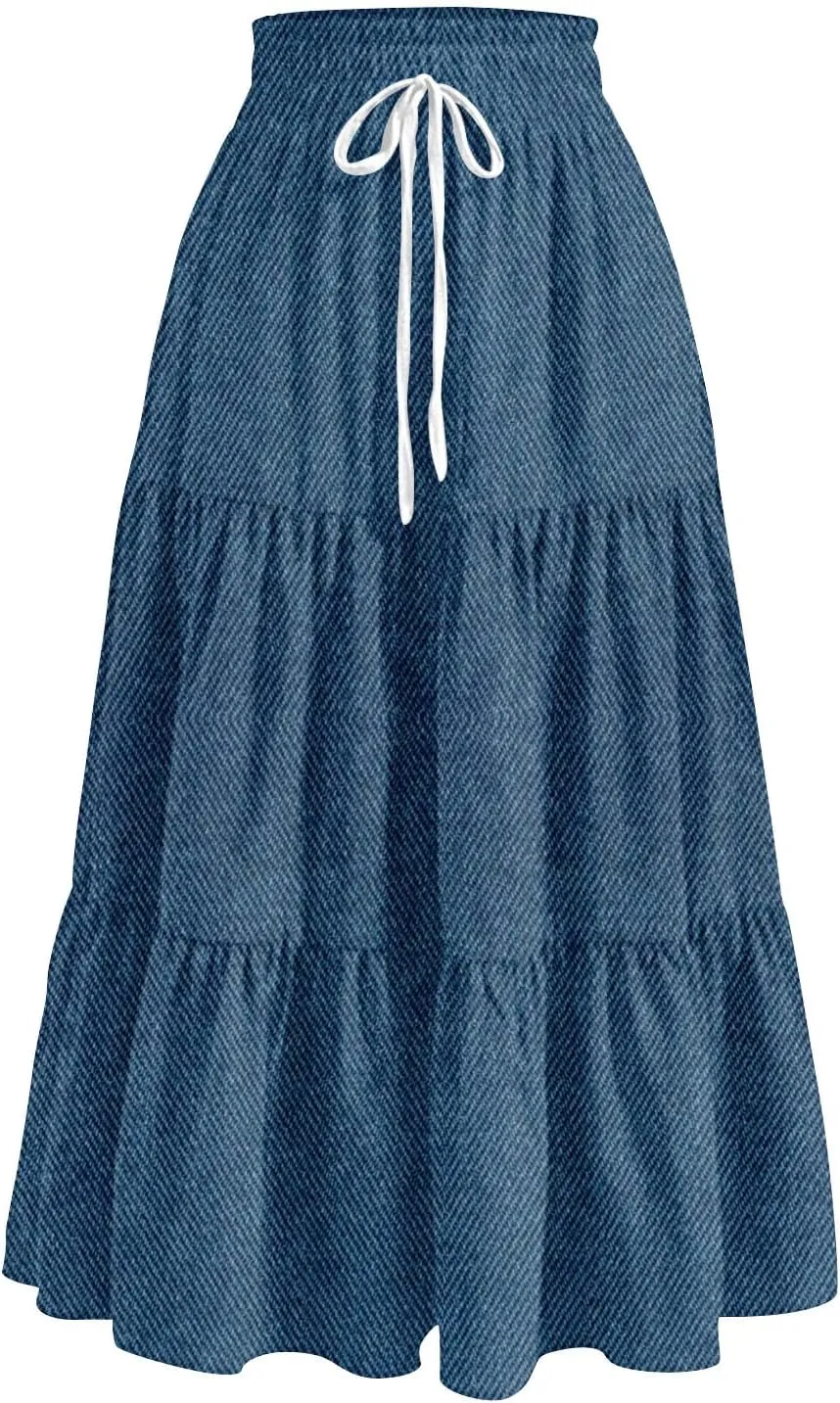 Summer Skirts for Women Midi Length Aline Ruffle Skirt Drawstring High Waisted Long Denim Skirts Casual Beach Outfits