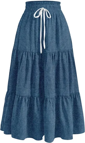 Summer Skirts for Women Midi Length Aline Ruffle Skirt Drawstring High Waisted Long Denim Skirts Casual Beach Outfits
