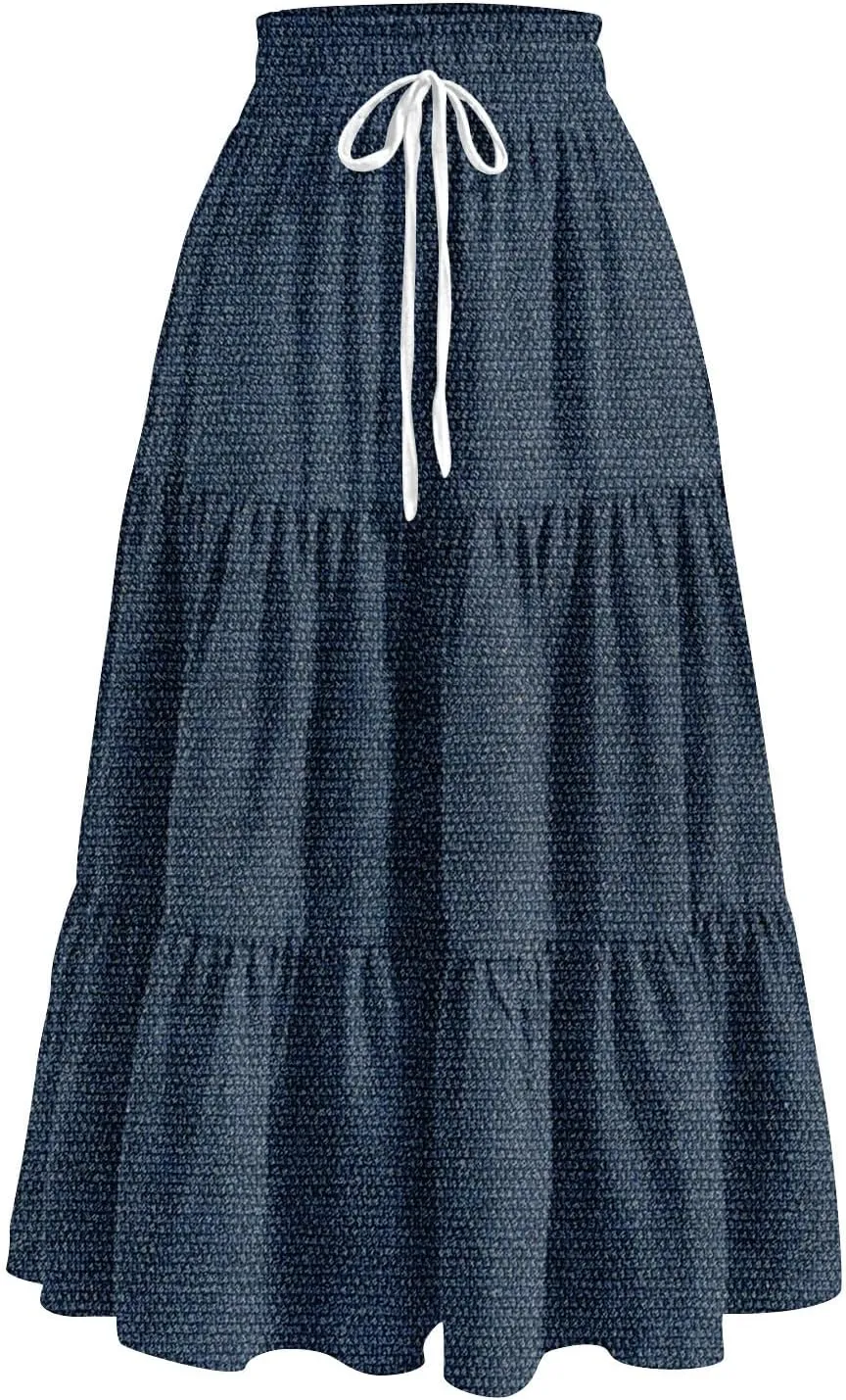 Summer Skirts for Women Midi Length Aline Ruffle Skirt Drawstring High Waisted Long Denim Skirts Casual Beach Outfits