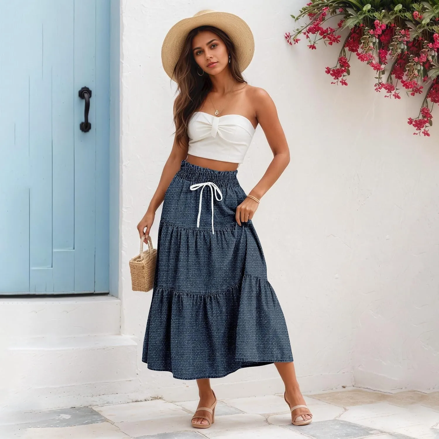 Summer Skirts for Women Midi Length Aline Ruffle Skirt Drawstring High Waisted Long Denim Skirts Casual Beach Outfits