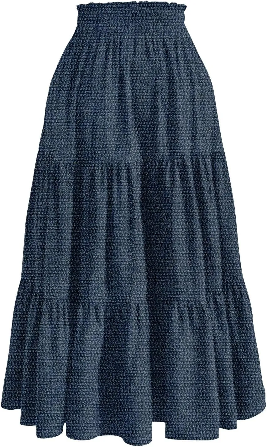 Summer Skirts for Women Midi Length Aline Ruffle Skirt Drawstring High Waisted Long Denim Skirts Casual Beach Outfits