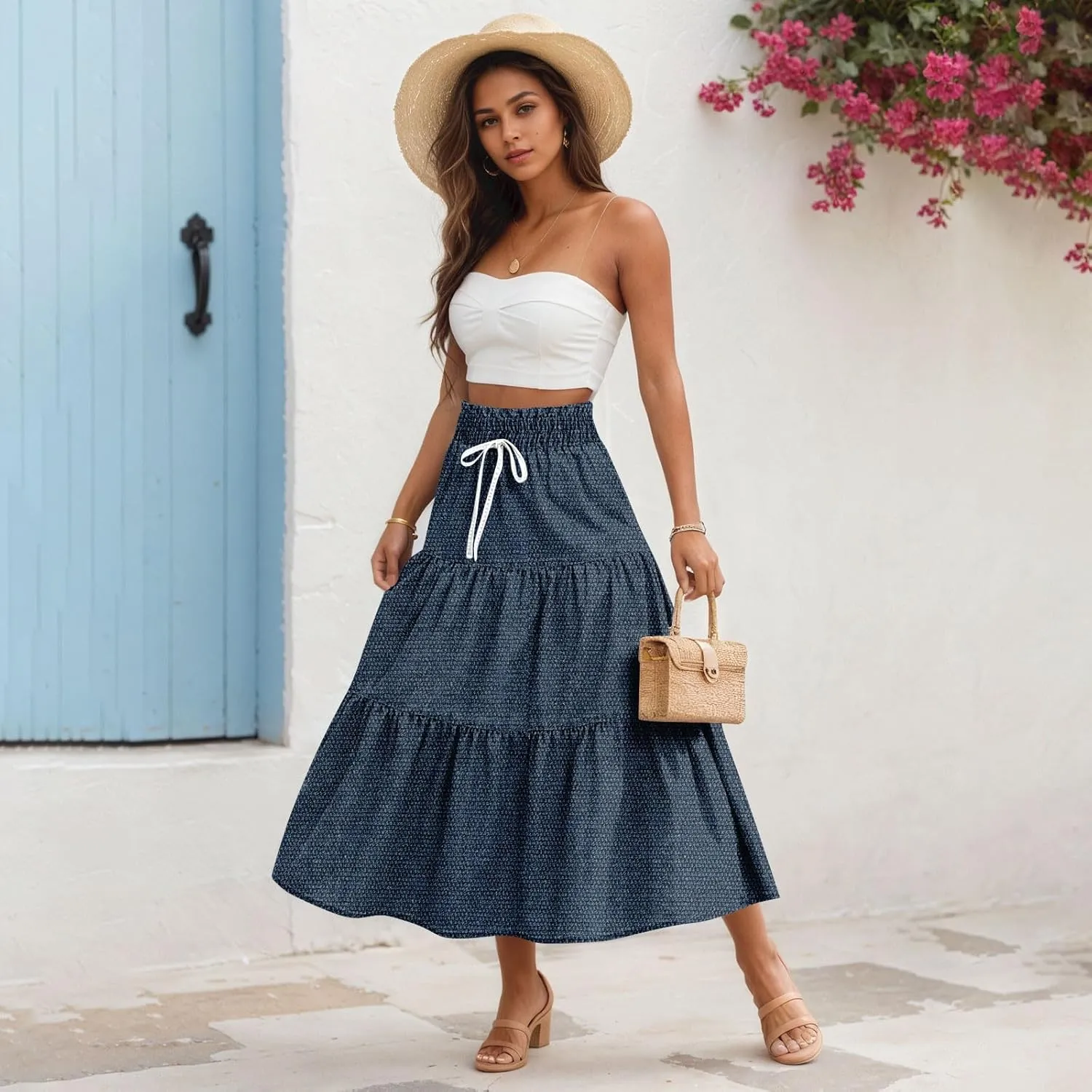 Summer Skirts for Women Midi Length Aline Ruffle Skirt Drawstring High Waisted Long Denim Skirts Casual Beach Outfits
