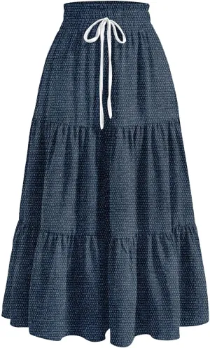 Summer Skirts for Women Midi Length Aline Ruffle Skirt Drawstring High Waisted Long Denim Skirts Casual Beach Outfits