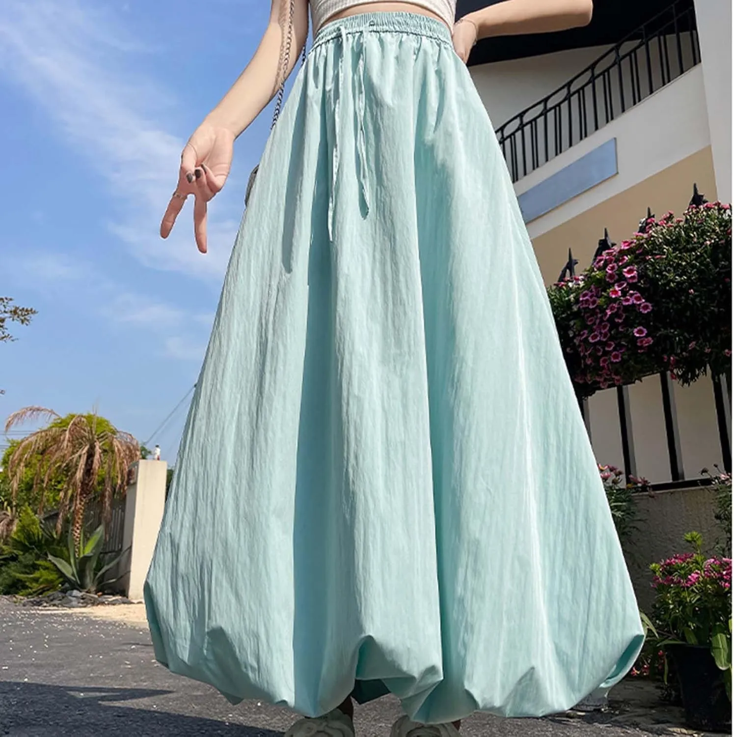 Summer Skirts for Women Summer A Line Flowy Ruffle Lantern Skirt Drawtring Waist Elastic Bubble Maxi Long Skirt 2025