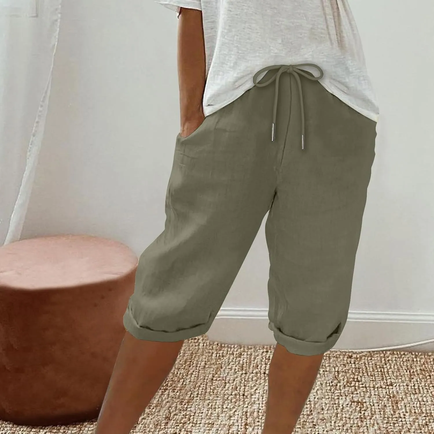 Summer Women Linen Shorts | Knee Length Drawstring Short Pants Beach Lightweight Capris Shorts with Pockets