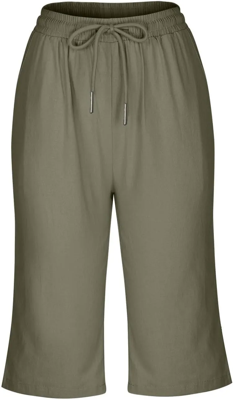 Summer Women Linen Shorts | Knee Length Drawstring Short Pants Beach Lightweight Capris Shorts with Pockets