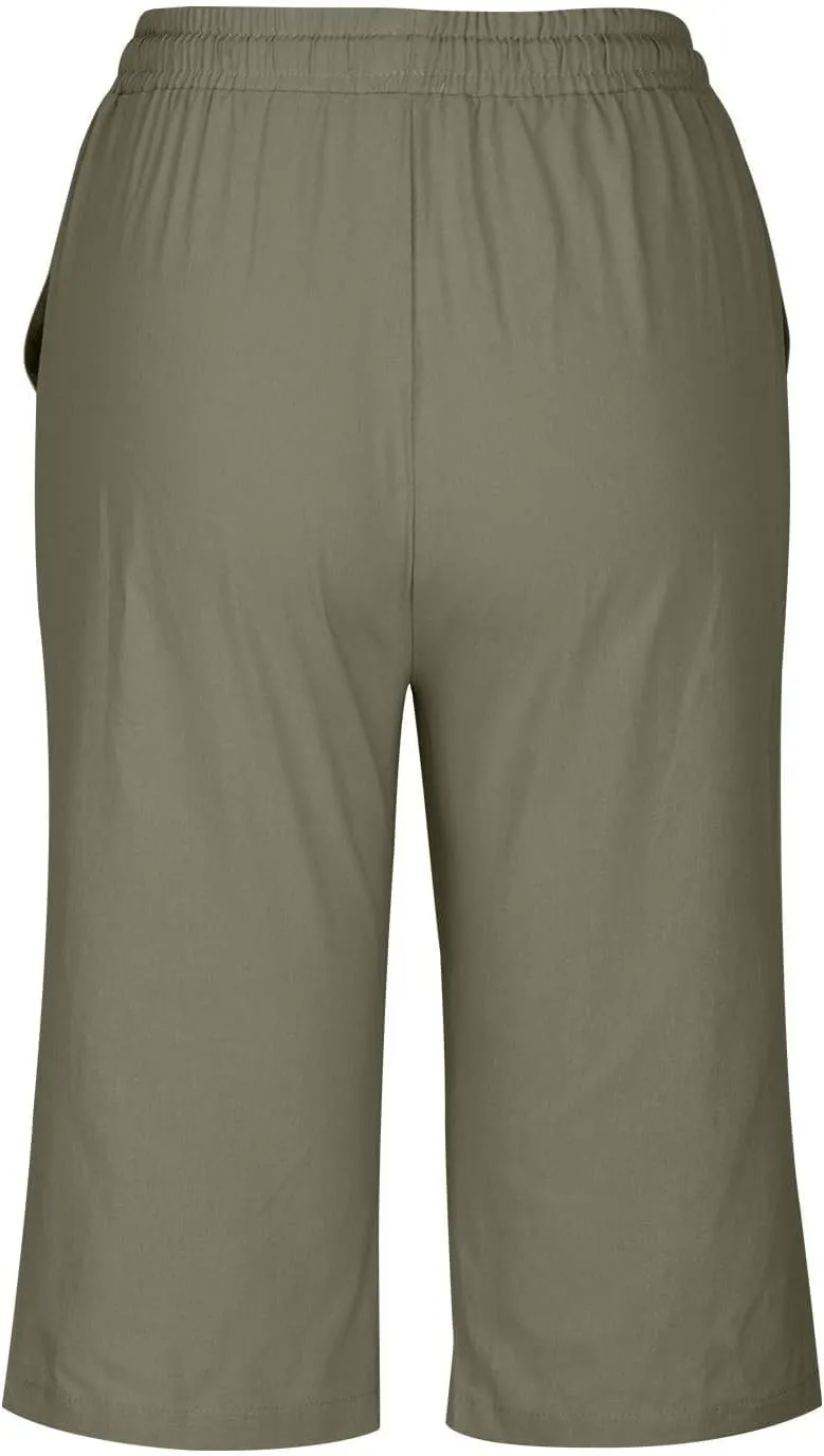 Summer Women Linen Shorts | Knee Length Drawstring Short Pants Beach Lightweight Capris Shorts with Pockets