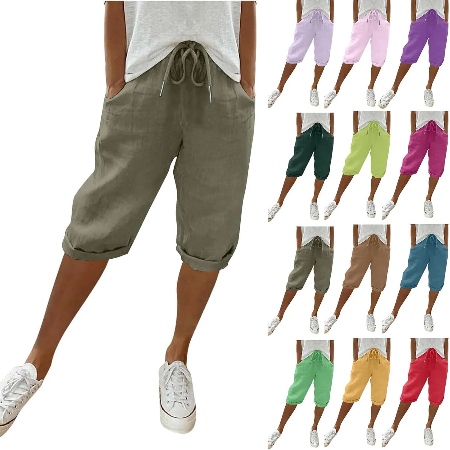Summer Women Linen Shorts | Knee Length Drawstring Short Pants Beach Lightweight Capris Shorts with Pockets