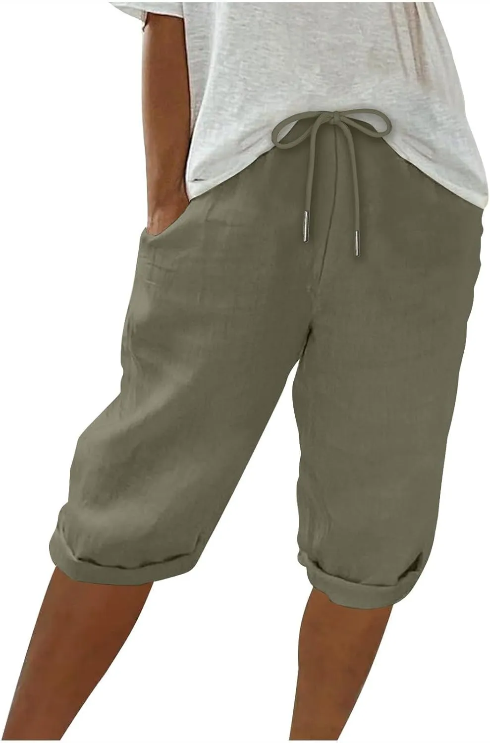 Summer Women Linen Shorts | Knee Length Drawstring Short Pants Beach Lightweight Capris Shorts with Pockets