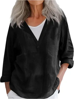 Summer Women's Fashion V Neck Long Sleeve Solid Color Shirts Casual Comfy Ventilate Loose Cotton Linen Tops 2025