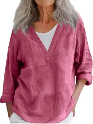 Summer Women's Fashion V Neck Long Sleeve Solid Color Shirts Casual Comfy Ventilate Loose Cotton Linen Tops 2025