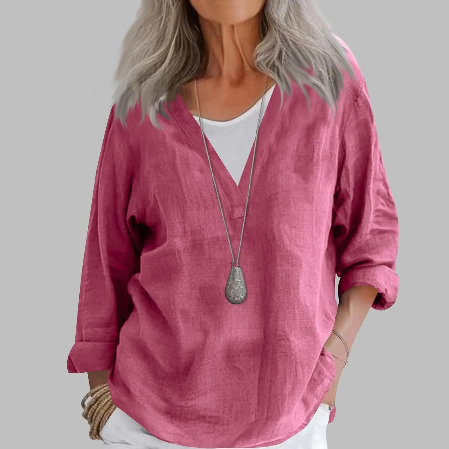 Summer Women's Fashion V Neck Long Sleeve Solid Color Shirts Casual Comfy Ventilate Loose Cotton Linen Tops 2025