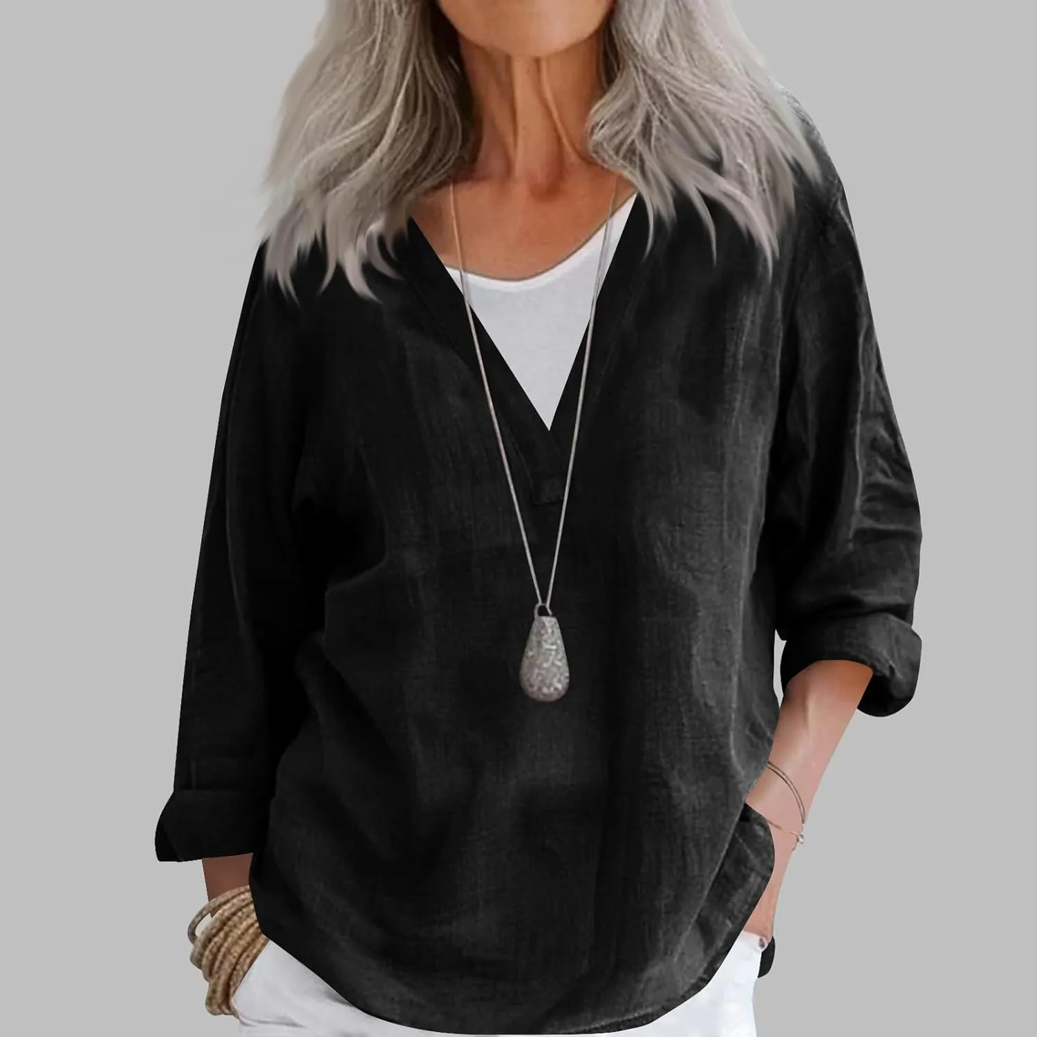 Summer Women's Fashion V Neck Long Sleeve Solid Color Shirts Casual Comfy Ventilate Loose Cotton Linen Tops 2025