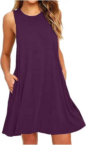 Sundresses for Women 2024 Solid Color Crewneck Sleeveless Summer Dress Loose Fit Tunic Midi Dress Flowy Swing Sundresses