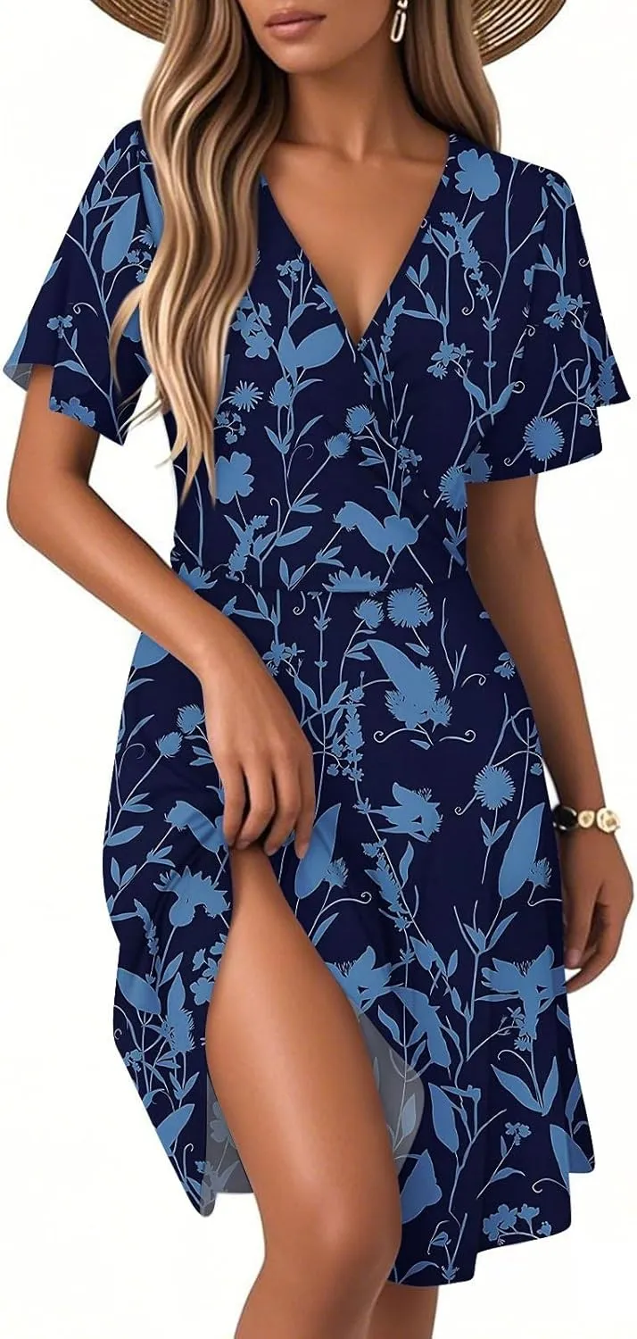 Sundresses for Women 2025 Vacation Sexy V Neck A-Line Mini Wrap Dress