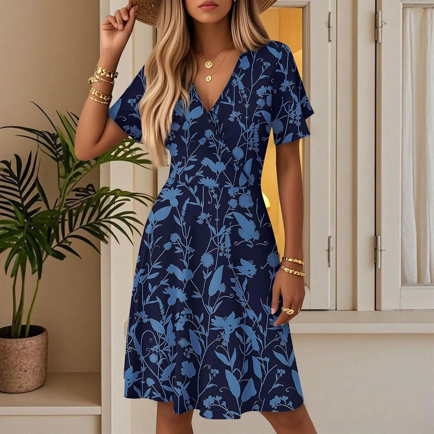 Sundresses for Women 2025 Vacation Sexy V Neck A-Line Mini Wrap Dress