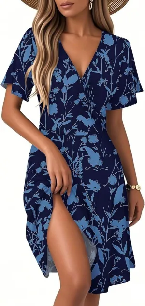 Sundresses for Women 2025 Vacation Sexy V Neck A-Line Mini Wrap Dress