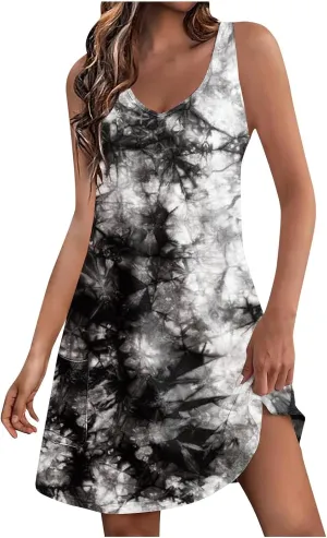 Sundresses for Women A Line Boho Floral Print Dresses Sleeveless Loose Fit Trendy Vintage Beach Dress