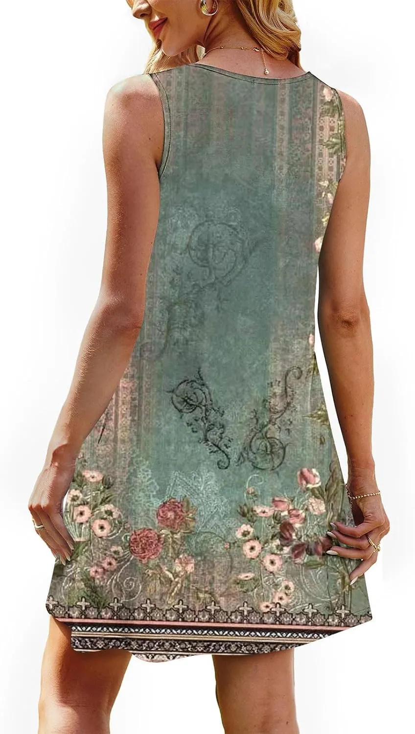 Sundresses for Women Casual Sleeveless Floral Ruched Front Dresses A-Line Beach Festival Dress with Pockets