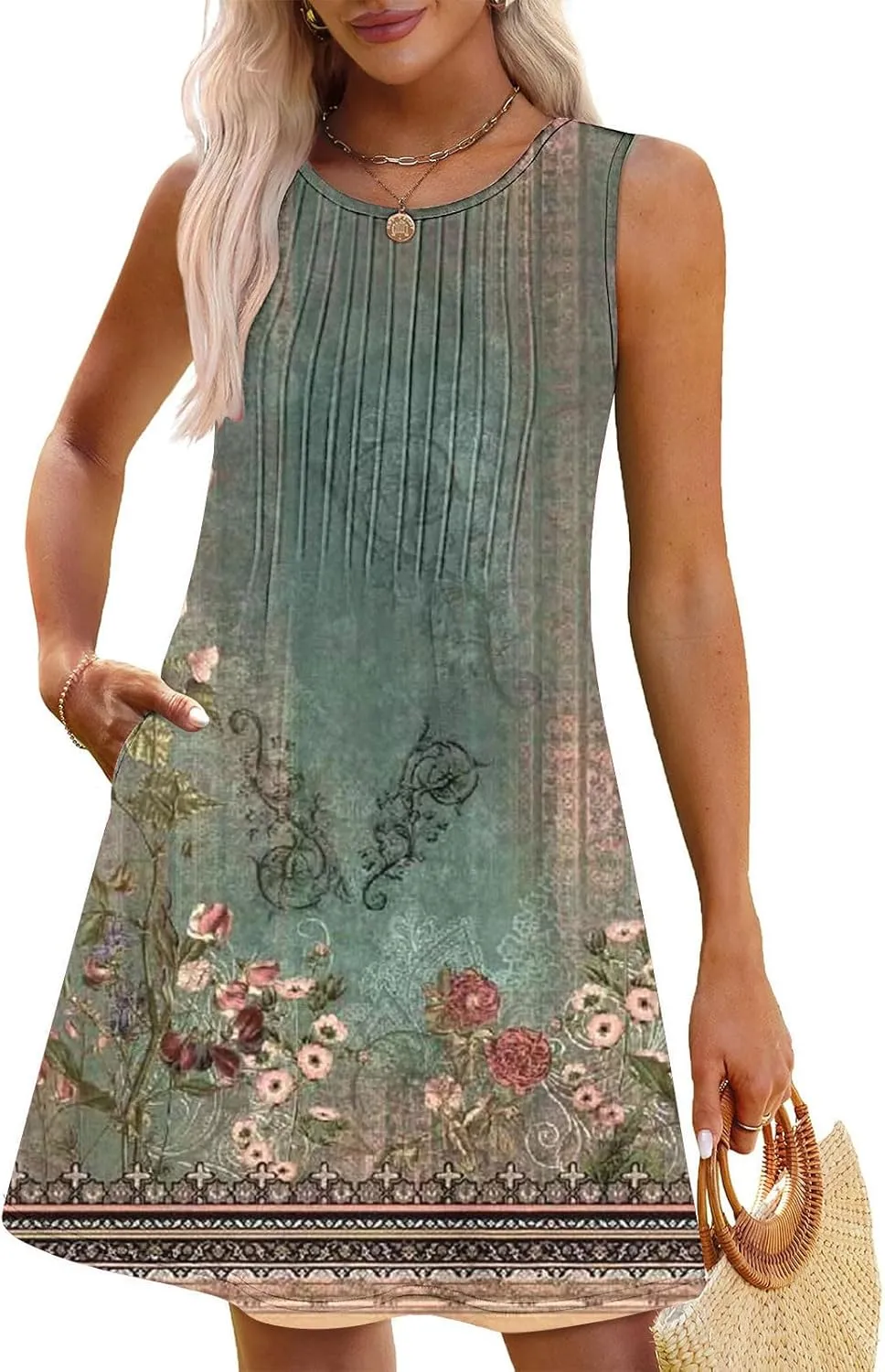 Sundresses for Women Casual Sleeveless Floral Ruched Front Dresses A-Line Beach Festival Dress with Pockets