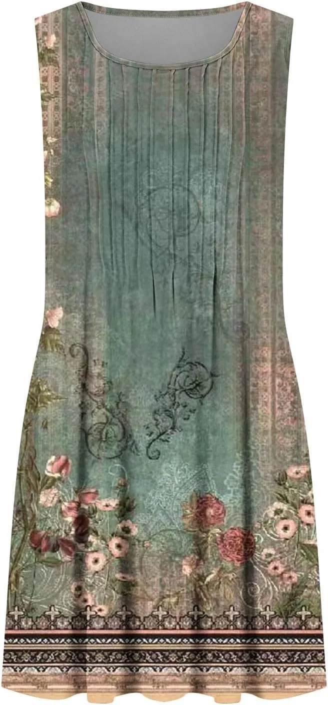Sundresses for Women Casual Sleeveless Floral Ruched Front Dresses A-Line Beach Festival Dress with Pockets