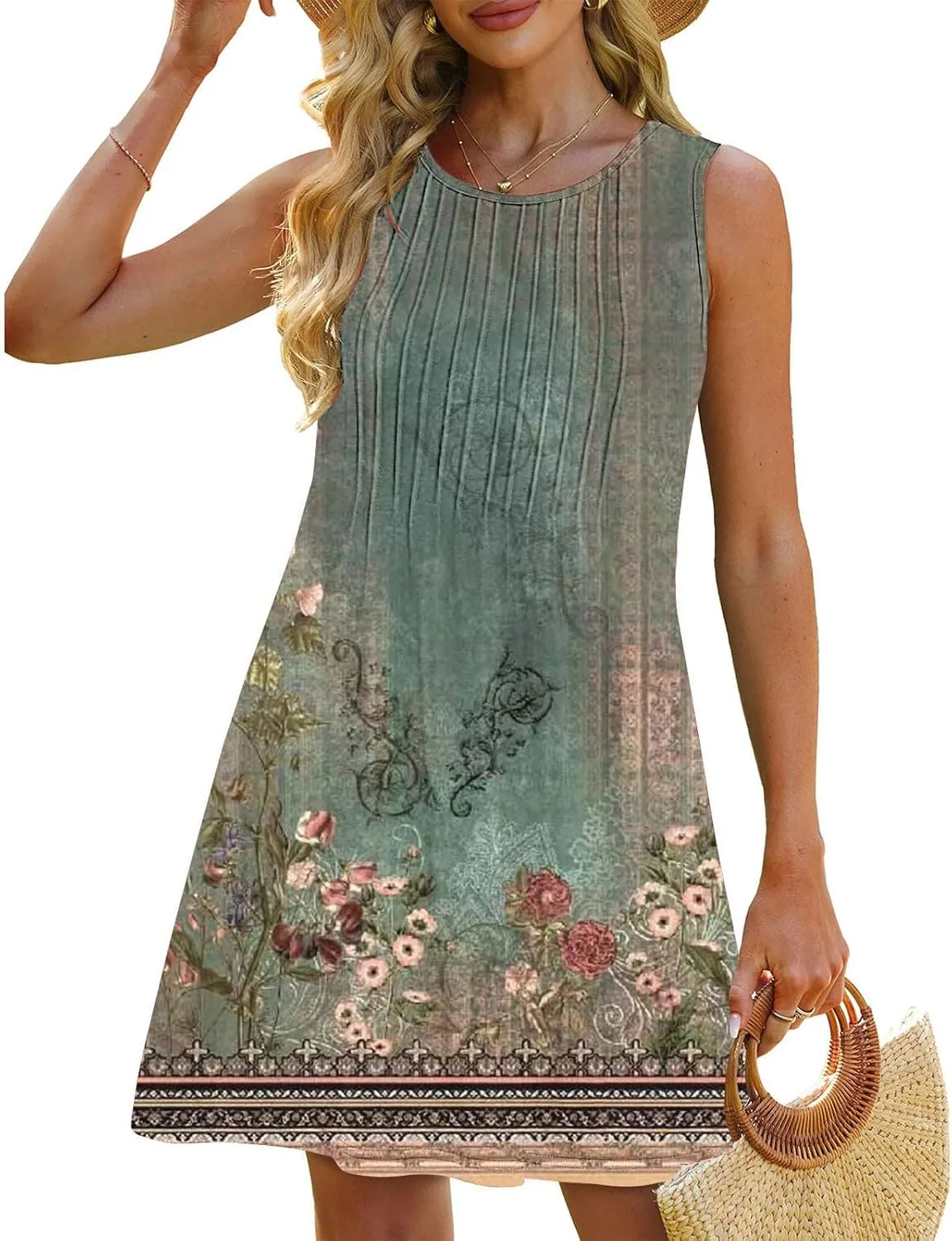 Sundresses for Women Casual Sleeveless Floral Ruched Front Dresses A-Line Beach Festival Dress with Pockets