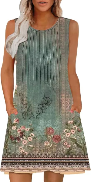 Sundresses for Women Casual Sleeveless Floral Ruched Front Dresses A-Line Beach Festival Dress with Pockets
