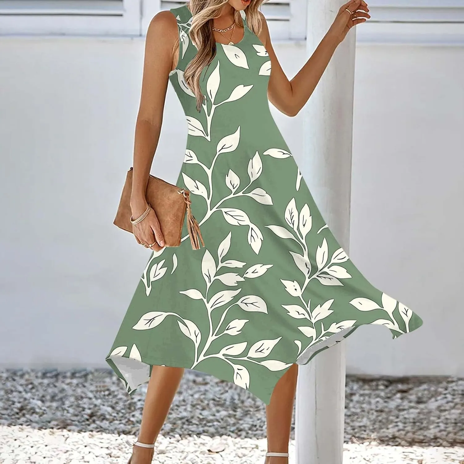 Sundresses for Women Sleeveless Summer Midi Dress Floral A Line Casual Vacation Flowy Dresses Outfits