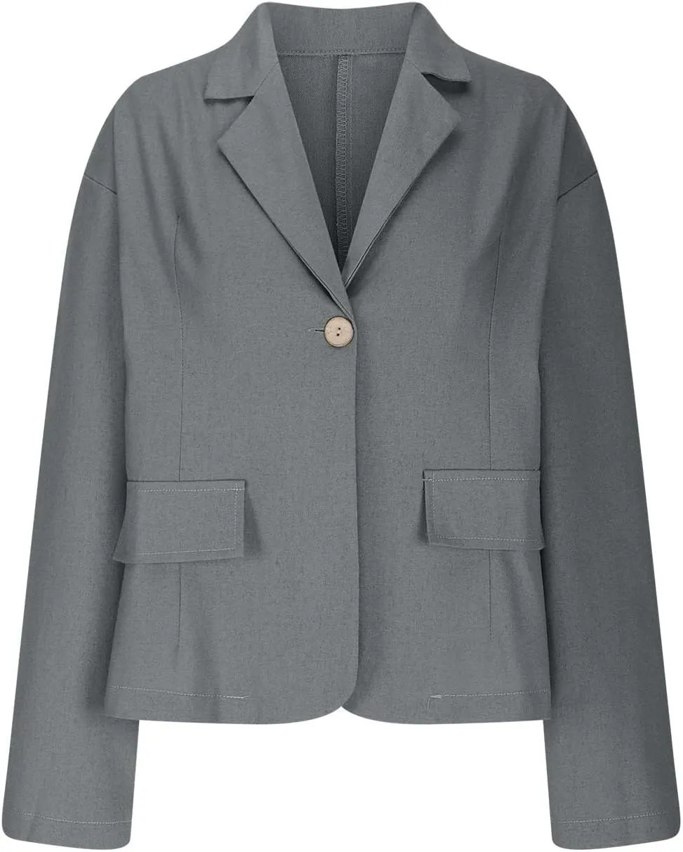 TANGNADE Linen Blazer Women Lightweight Casual Long Sleeve Spring Summer Jackets One Button Lapel Suit Blazer