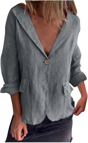 TANGNADE Linen Blazer Women Lightweight Casual Long Sleeve Spring Summer Jackets One Button Lapel Suit Blazer