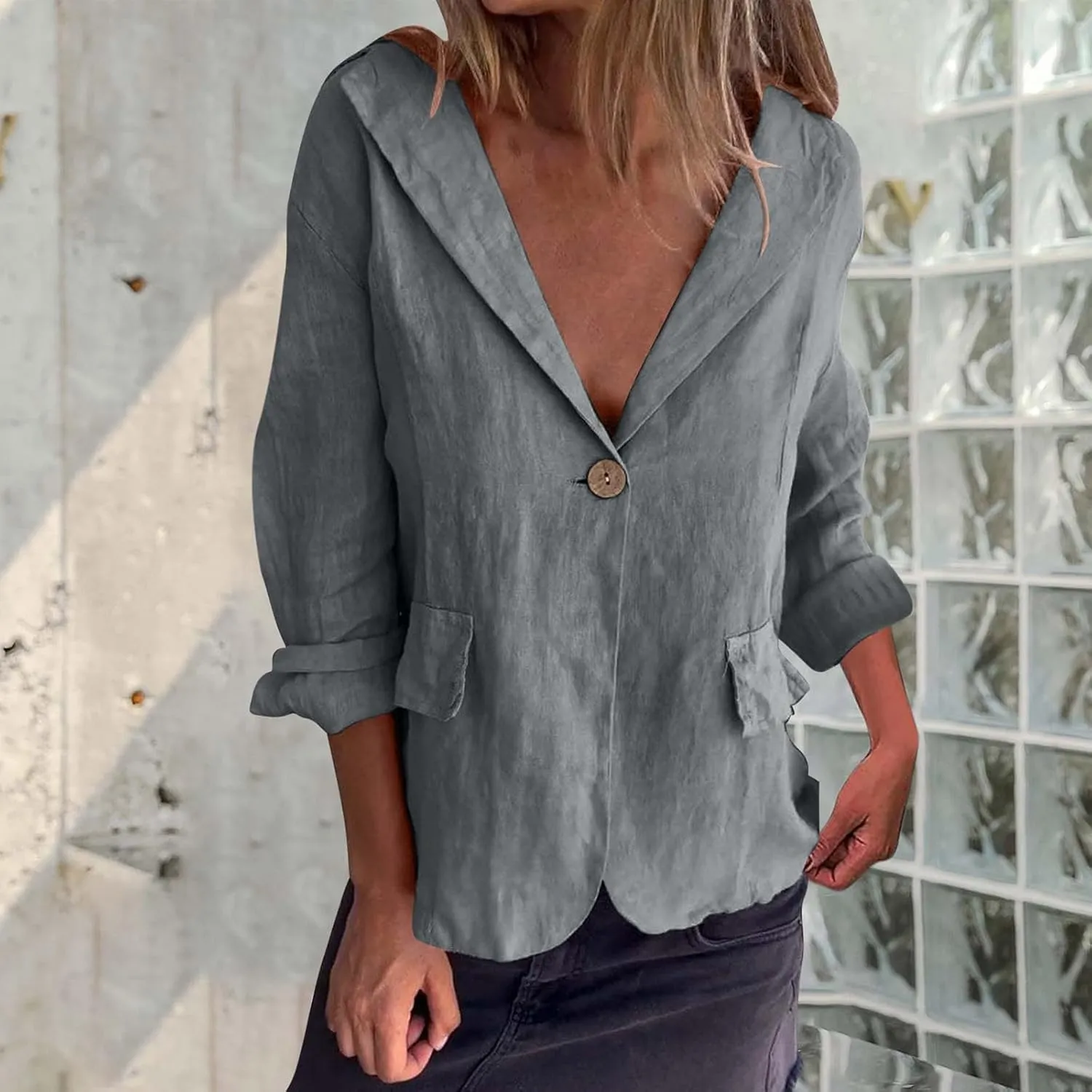 TANGNADE Linen Blazer Women Lightweight Casual Long Sleeve Spring Summer Jackets One Button Lapel Suit Blazer