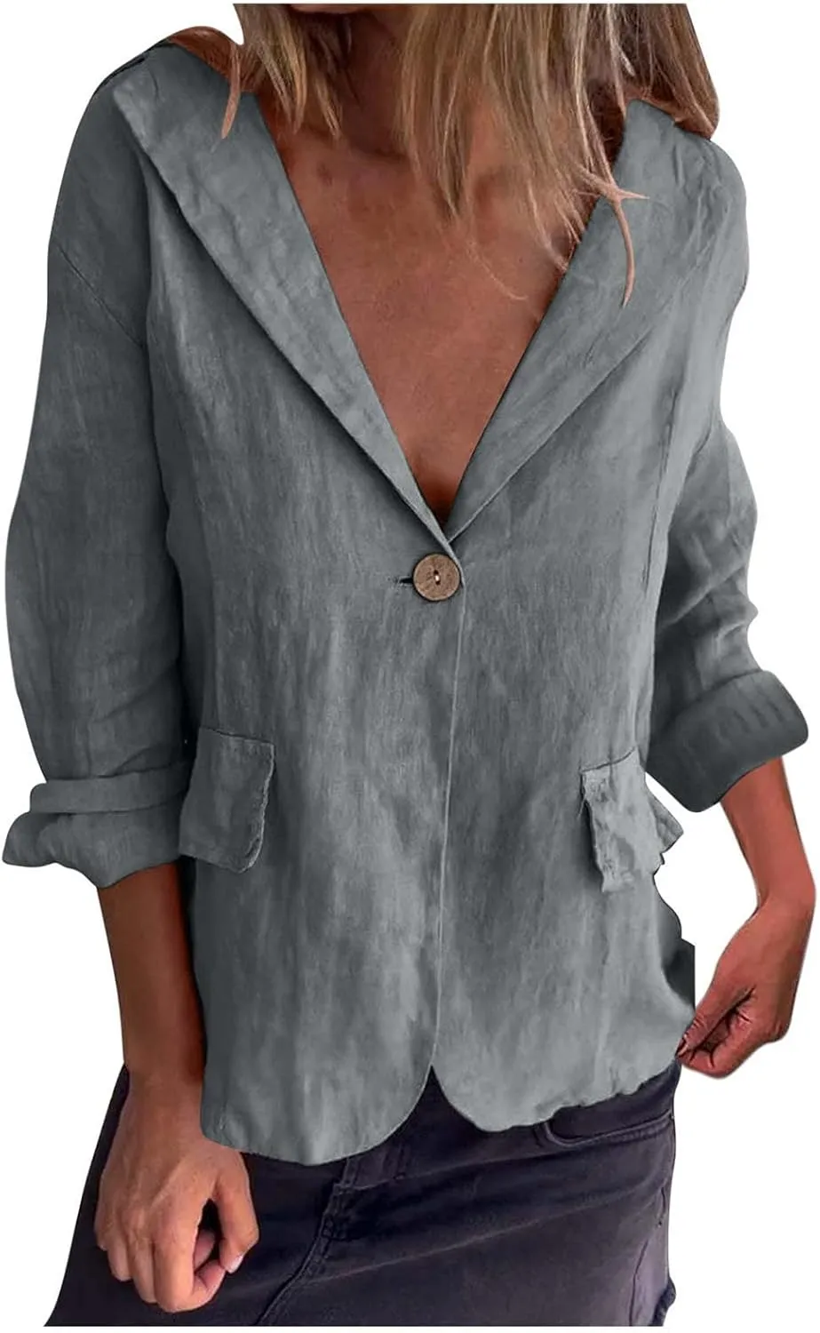 TANGNADE Linen Blazer Women Lightweight Casual Long Sleeve Spring Summer Jackets One Button Lapel Suit Blazer