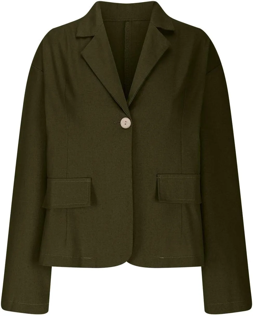 TANGNADE Linen Blazer Women Lightweight Casual Long Sleeve Spring Summer Jackets One Button Lapel Suit Blazer