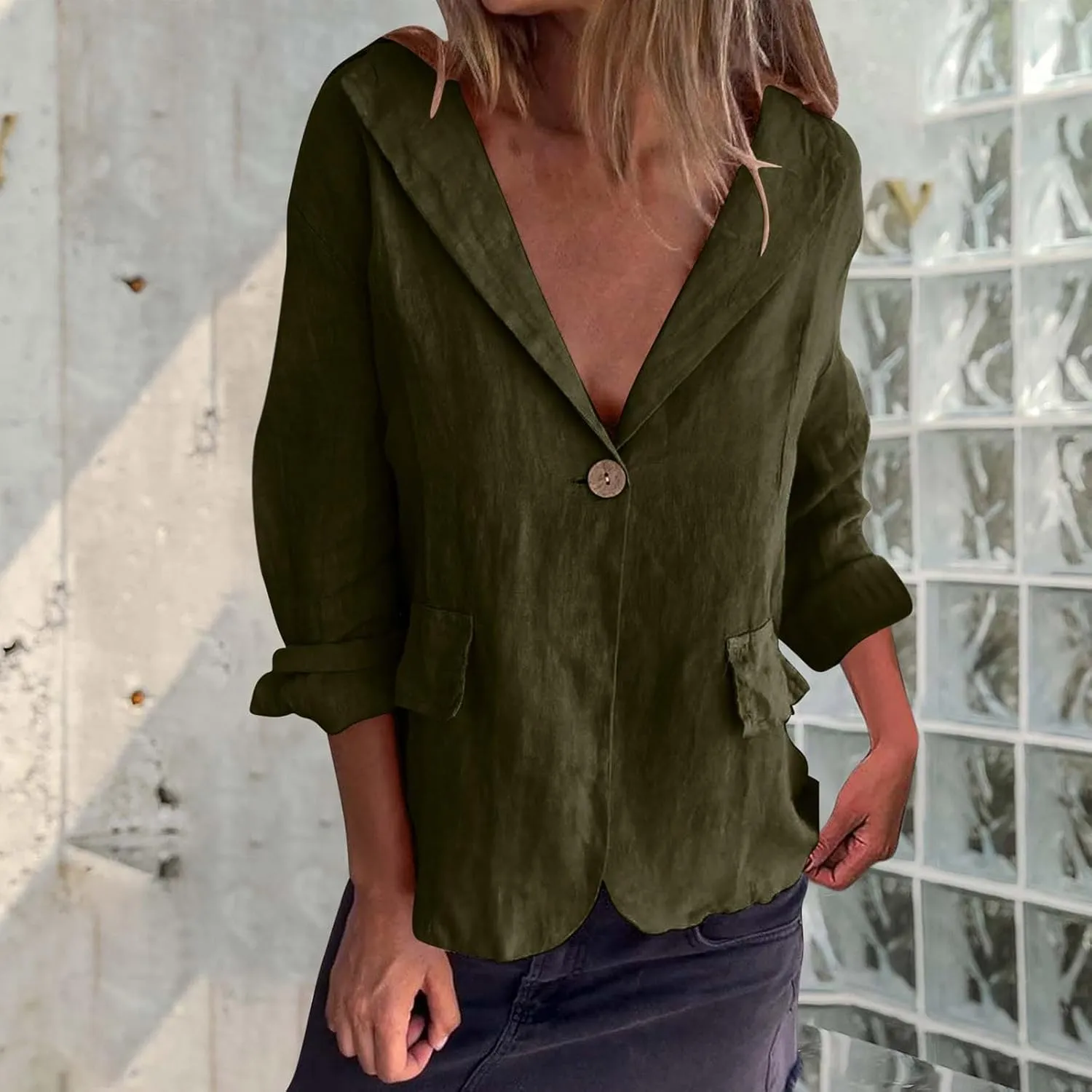 TANGNADE Linen Blazer Women Lightweight Casual Long Sleeve Spring Summer Jackets One Button Lapel Suit Blazer