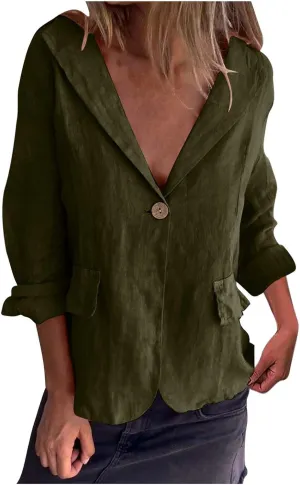 TANGNADE Linen Blazer Women Lightweight Casual Long Sleeve Spring Summer Jackets One Button Lapel Suit Blazer
