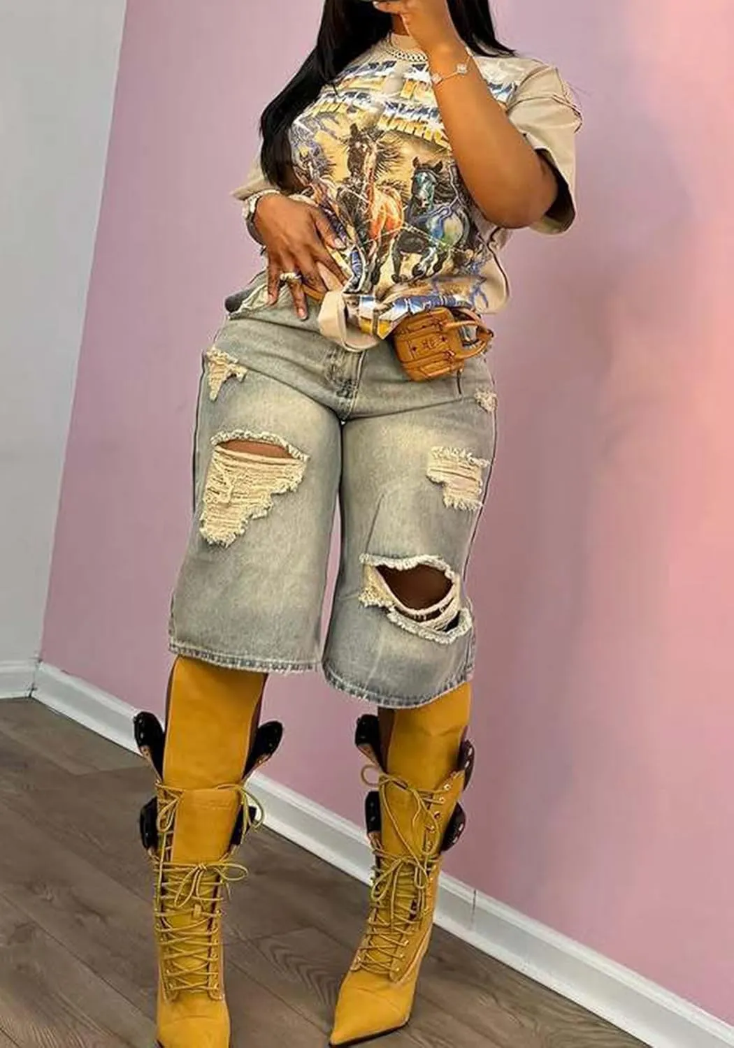 Unybwonn Women Ripped Denim Shorts Wide Leg Distressed Bermuda Cargo Jean Shorts Knee Length Destroyed Cut Off Long Jorts