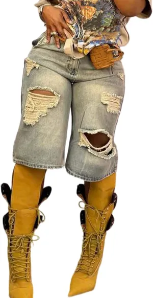 Unybwonn Women Ripped Denim Shorts Wide Leg Distressed Bermuda Cargo Jean Shorts Knee Length Destroyed Cut Off Long Jorts