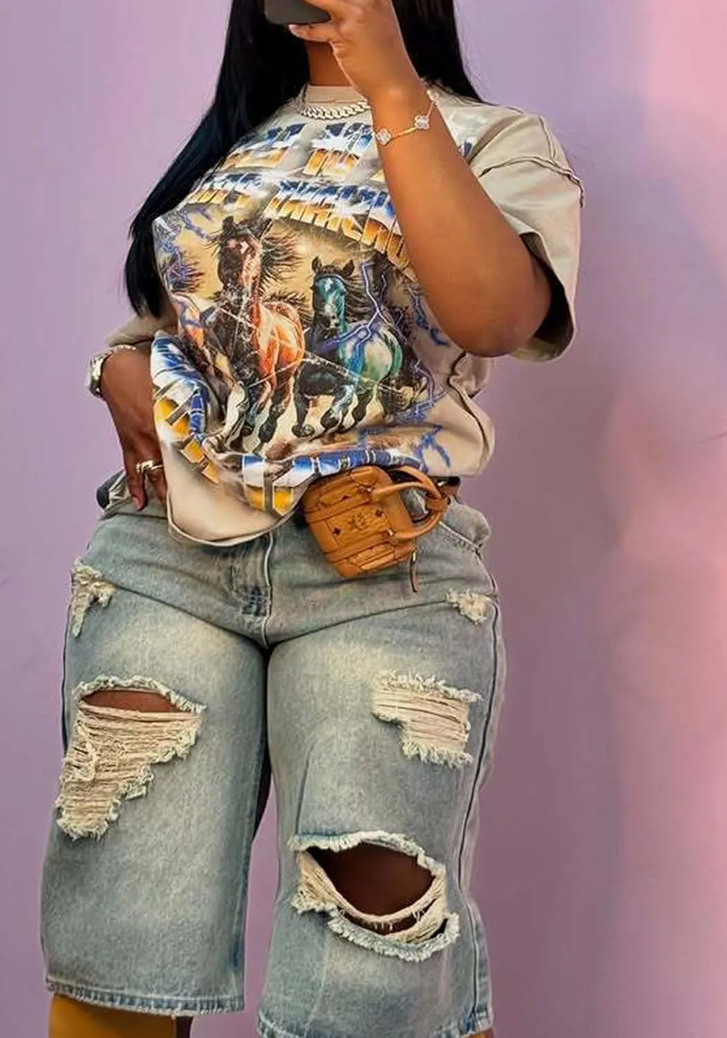 Unybwonn Women Ripped Denim Shorts Wide Leg Distressed Bermuda Cargo Jean Shorts Knee Length Destroyed Cut Off Long Jorts