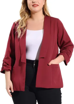 uxcell Women's Plus Size Blazers Shawl Collar Open Front 3/4 Ruched Sleeve Work Office Lightweight Blazers