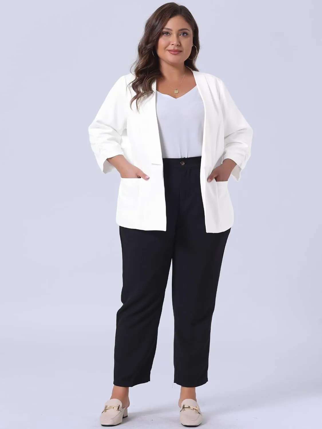 uxcell Women's Plus Size Blazers Shawl Collar Open Front 3/4 Ruched Sleeve Work Office Lightweight Blazers