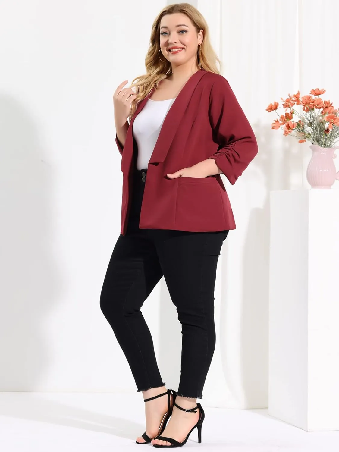 uxcell Women's Plus Size Blazers Shawl Collar Open Front 3/4 Ruched Sleeve Work Office Lightweight Blazers