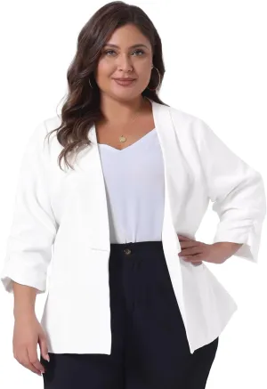 uxcell Women's Plus Size Blazers Shawl Collar Open Front 3/4 Ruched Sleeve Work Office Lightweight Blazers