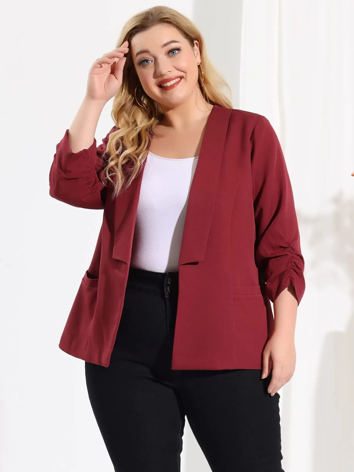 uxcell Women's Plus Size Blazers Shawl Collar Open Front 3/4 Ruched Sleeve Work Office Lightweight Blazers