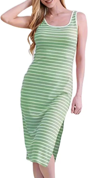 Vacation Elegant Dresses for Women Striped Spaghetti Straps Elastic Waist Wrap Dress with Slit Baby Shower Outfit for Guest